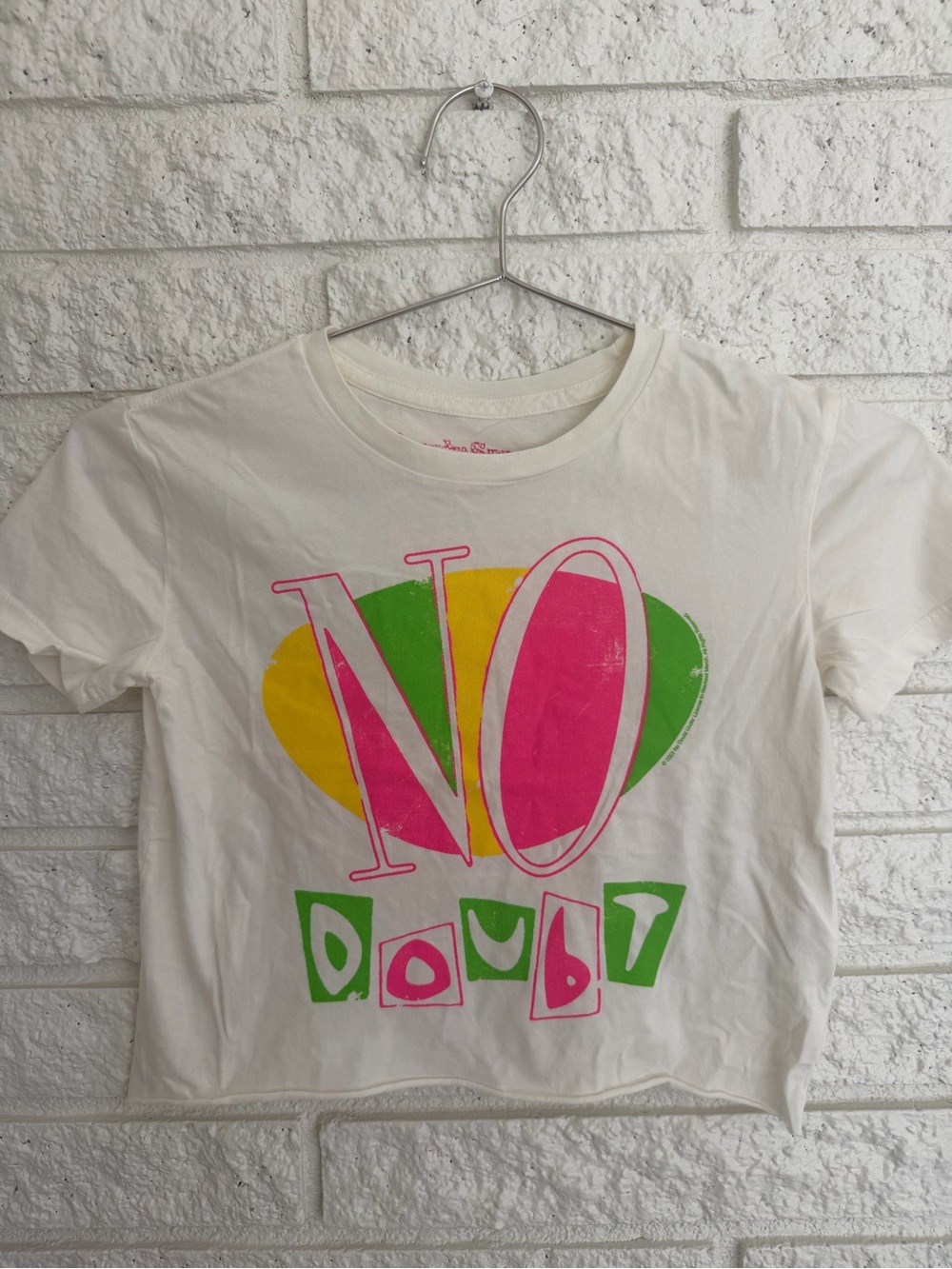 Rowdy Sprout No Doubt White Crop Tee with Pink, Green & Yellow Graphic